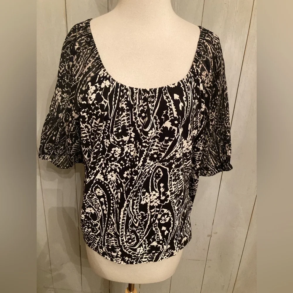 Loft Women's‎ Size Large Black Floral Puff Sheer Sleeve Blouse Top